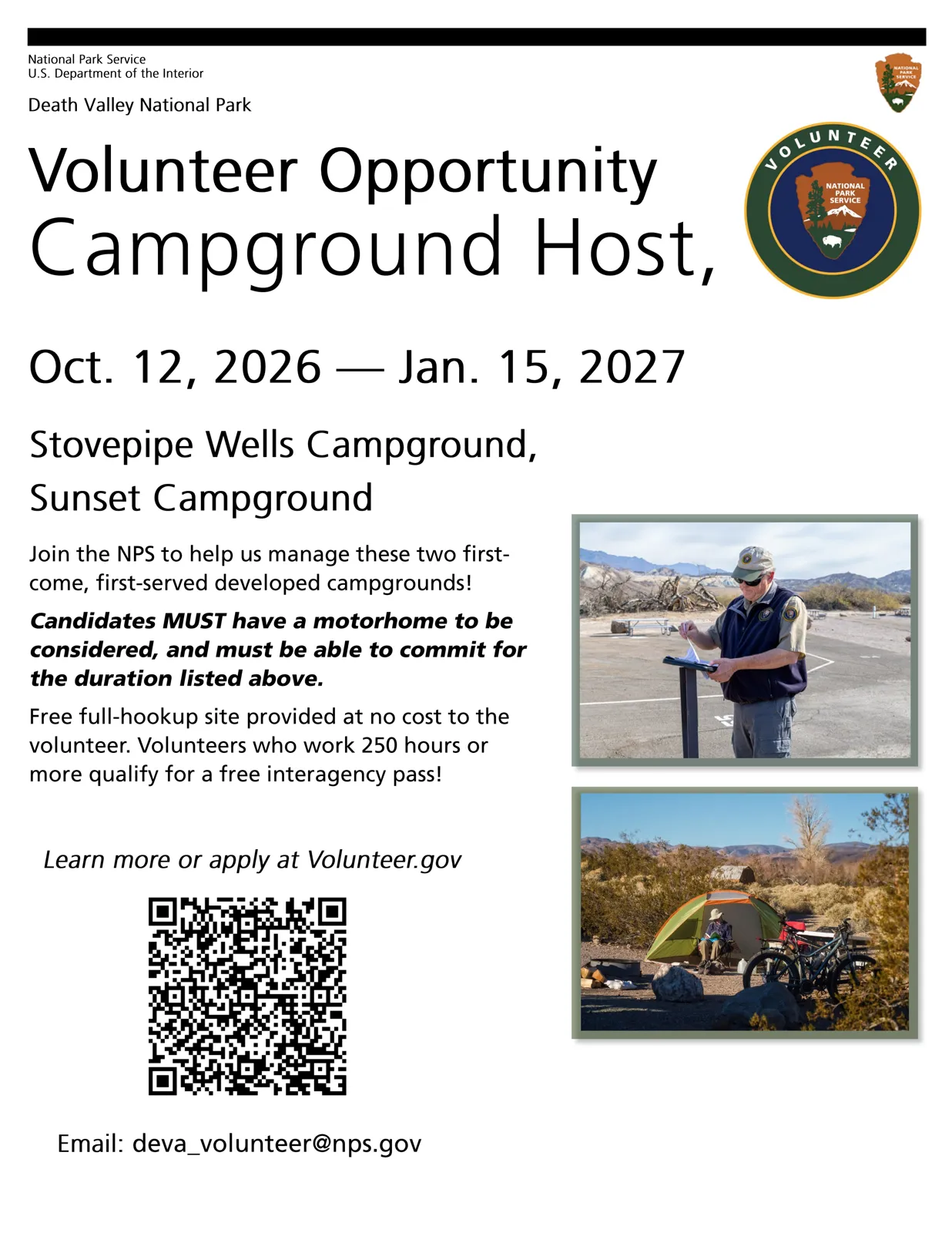 Death Valley National Park campground host volunteer opportunity at Stovepipe Wells and Sunset Campgrounds
